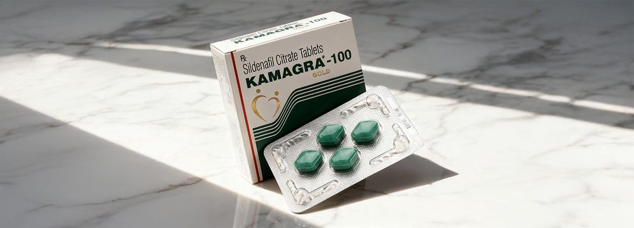 Kamagra Gold tabletta csomagolás és bliszter, sildenafil citrát tartalmú készítmény felnőtt férfiak számára, merevedési problémák támogatására