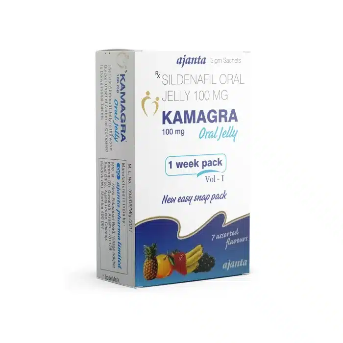 Kamagra Oral Jelly 100 mg, 1 week pack doboz – kamagra zselé bevétele útmutatóhoz.