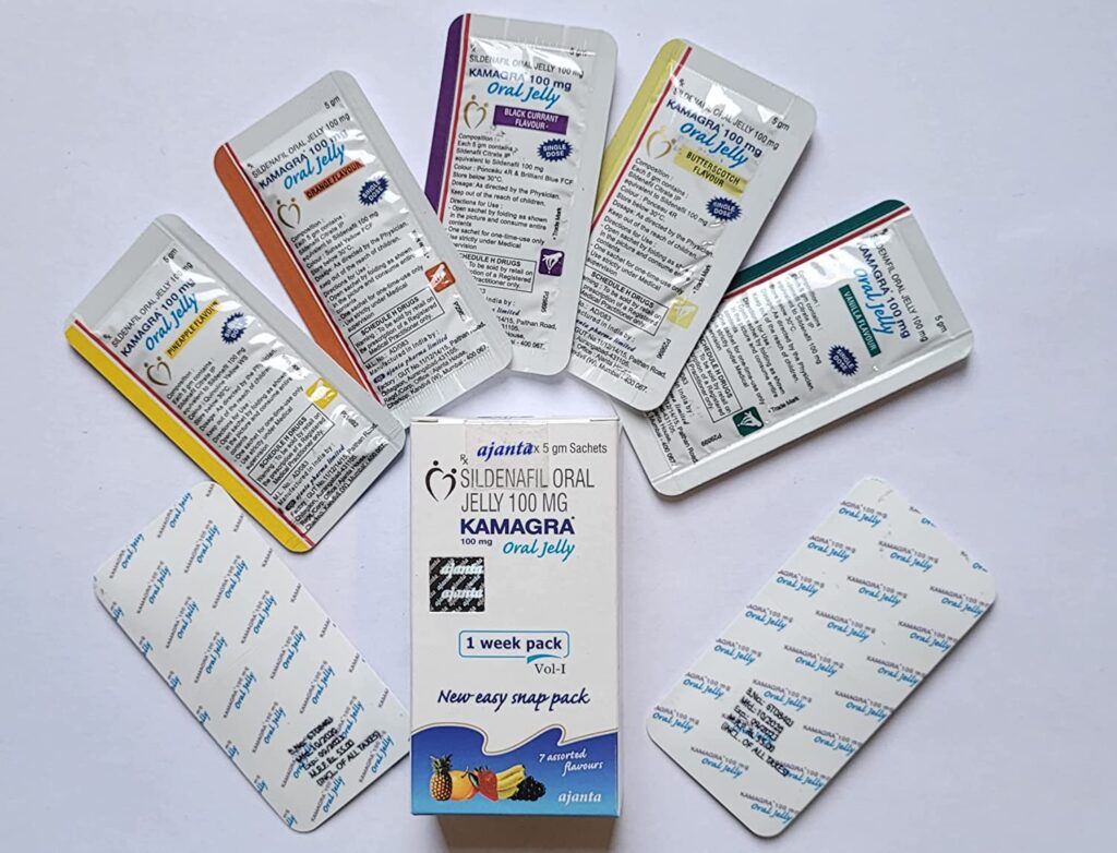 Kamagra Oral Jelly 100 mg doboz és ízesített tasakok – kamagra zselé bevétele lépésről lépésre bemutatóhoz.
