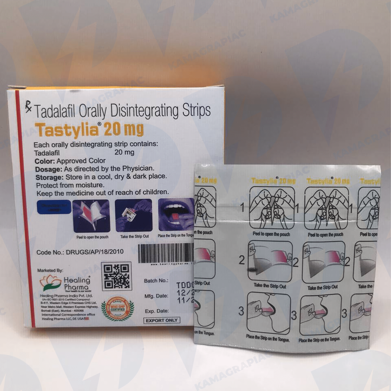 Tastylia – Healing Pharma 20 mg tadalafil szájban oldódó csík doboz és használati útmutató