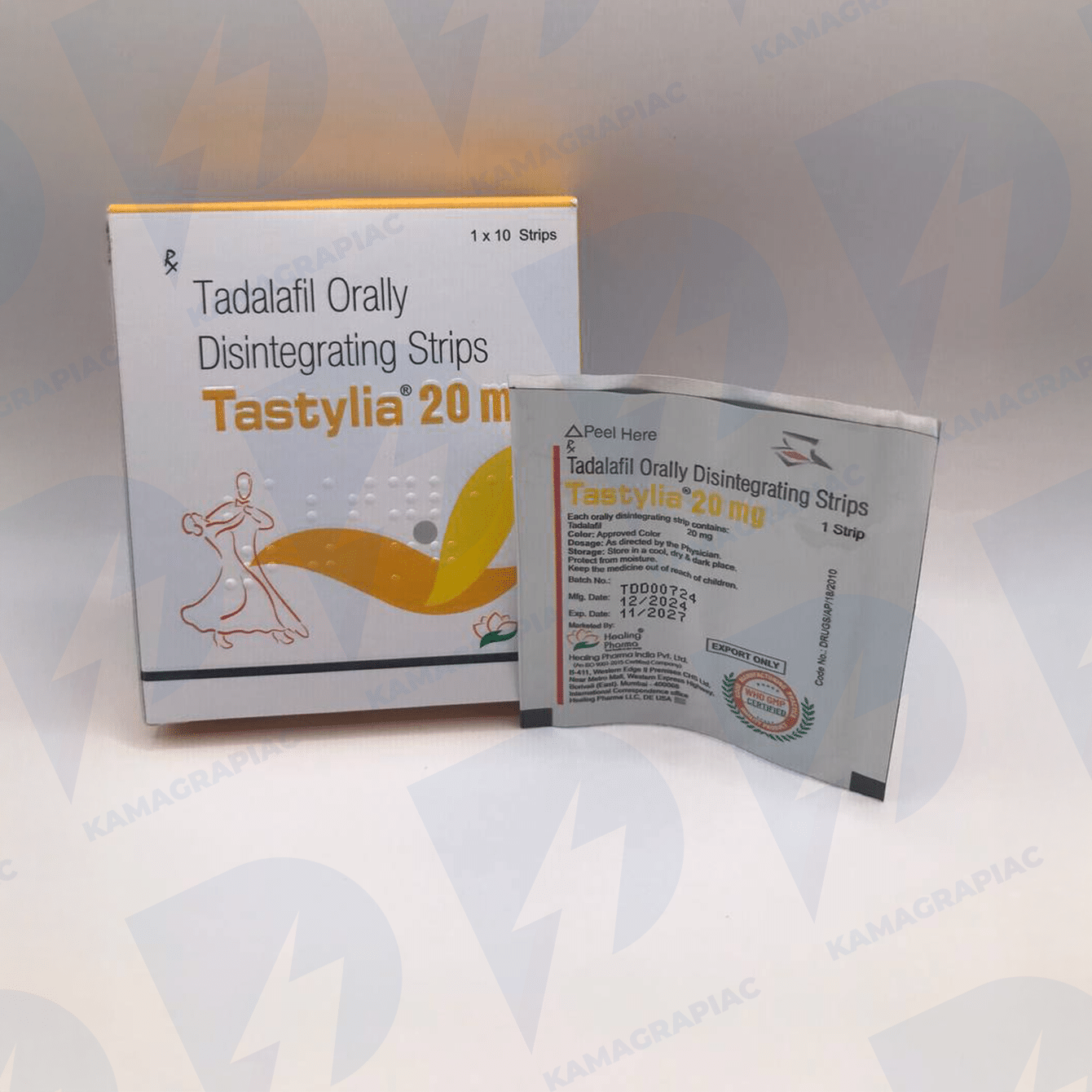 Tastylia – Healing Pharma 20 mg tadalafil szájban oldódó csík tasak és doboz